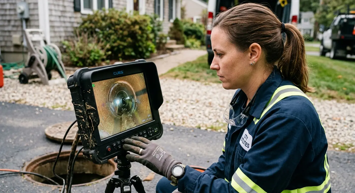 Technician reviewing sewer camera inspection footage in Orland