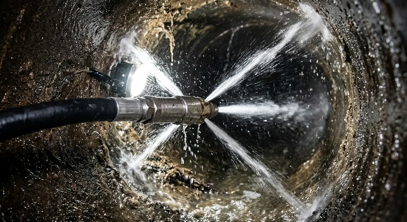 High-pressure hydro jetting nozzle cleaning sewer pipe for Sewer Cleanout in Orland