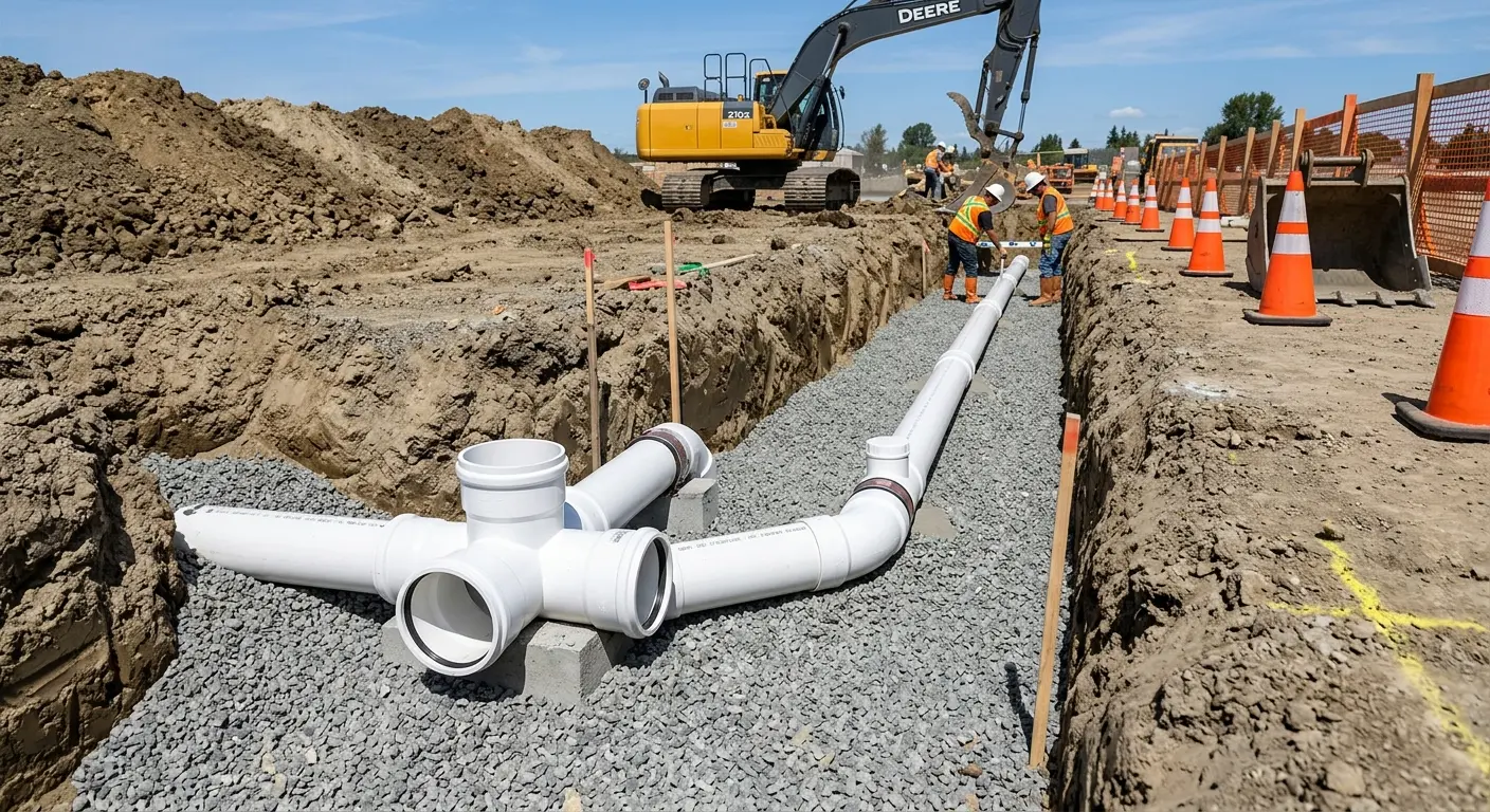 New PVC sewer pipe installation in open trench for Commercial Drain Cleaning in Orland